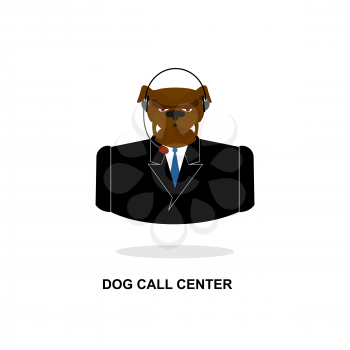 Doggy call Center. Dog with headset. Pet in costume responds to phone calls. Customer feedback for dogs. Customer service support.
