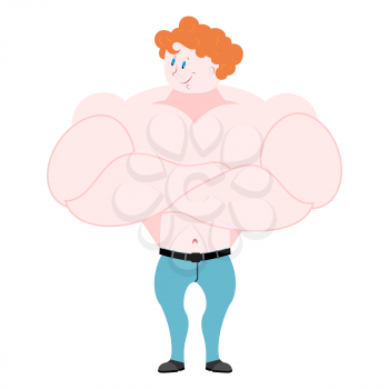 Power strong Small athlete. Baby strong. Kid bodybuilder. Little red-haired boy with big muscles. Childrens strongman  sports. Powerful little man. Schoolboy sportsman in jeans. 
