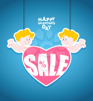 Sales Valentines day. Little angel is holding a heart with Text. Funny cute Cupid. Banner for store sales. Lute discounts for sales.
