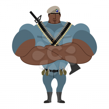 Military strong. Powerful big soldier. Beige beret special forces. Troopers with the military Accessories: bursting grenades and machine-gun belt. Gun automatically. Military Defender.
