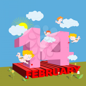 Valentines day. 14 February. Sunny landscape. Blue skies and green grass. Three-dimensional letters. Clouds and Cupids. Flying angels. Flowers in field. Valentine for February 14-St. Valentines day.

