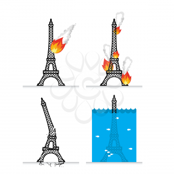Destruction of Eiffel Tower in Paris. Meteorite flies symbol of France. Fire in sights. Lit Eiffel Tower. Natural disasters in France. Earthquake destroyed  Eiffel Tower. Cracks and chips. flood in Pa