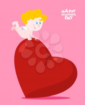 Big love. Little Cupid holding big heart. Valentine for holiday. Valentines day. Greeting card for holiday on February 14. Cute curly haired Angel.
