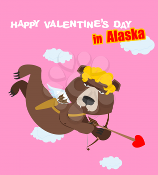 Happy Valentines day. Bear Cupid with bow. Angel wild beast. Animal in yellow curly wig. Cupid from Alaska. Russian shaggy Cupid. Funny greeting card all lovers day on February 14.
