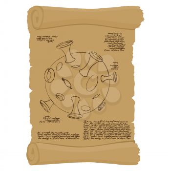 Ancient scroll with map of  moon. Old paper with Planet Moon. Antique parchment structure of  moon. Ancient space exploration. Space planet infographics.
