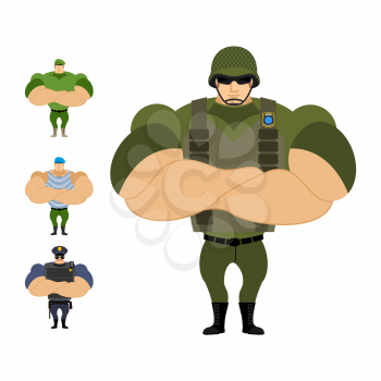 Soldiers. Set of strong military people of defenders of fatherland. Marine infantryman. Blue beret. Police officer. Athlete in uniform. Bodybuilder with big muscles.
