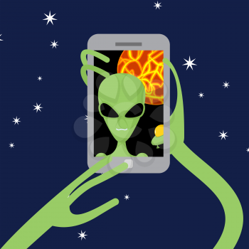 Selfie space. Alien shoots himself on phone against backdrop of  planet. Vector illustration.