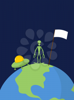 UFO and alien with white flag stands on Earth. Vector illustration

