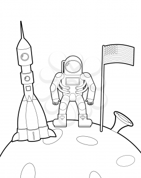 Astronaut with a flag on moon. Space rocket ship coloring book. Vector illustration
