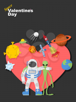 Astronaut and alien friends. Valentines day in space. Heart symbol with cosmic elements: spacecraft and rocket. UFOs and  moon. Vector illustration