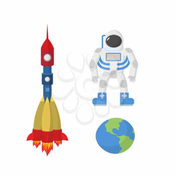 Set space: astronaut, planet Earth, rocket. Vector illustration
