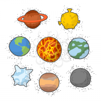 Set  planets solar system. Funny cartoon planet- Star:  Earth and  Moon,  Sun and Jupiter. Vector illustration
