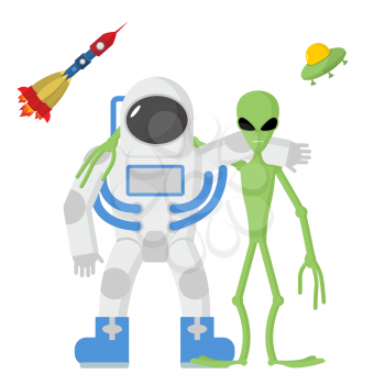 Astronaut and alien friends on a white background. Vector illustration. Rocket and UFO
