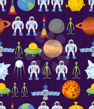 Cosmos seamless background, ornament. Spacecraft rockets and UFO. Moons and planets, astronauts and aliens. Space pattern Vector illustration