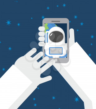 Astronaut makes selfei in space. Astronaut photographed myself on  phone against a backdrop of planet Earth. Vector illustration.