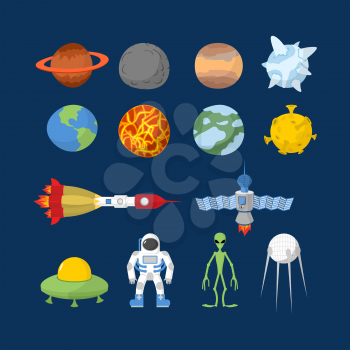  Space set of icons. Vector Illustrator. Cartoon heroes:  alien and UFO, astronaut and planets of   solar system. Space rocket and satellite.