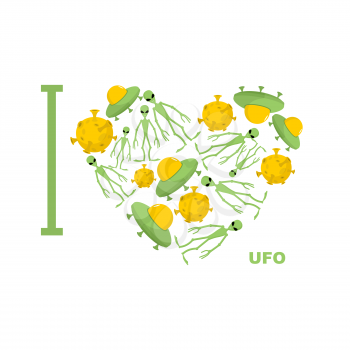 I love UFO. Symbol  heart of humanoid, alien and space saucer. Vector illustration
