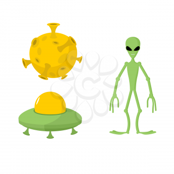 Set green alien and UFO, Moon. Vector illustration.
