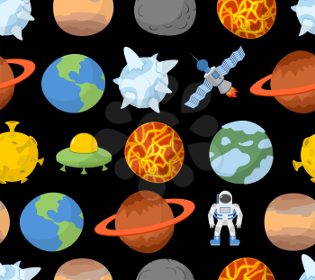 Planets of solar system seamless pattern. Vector space background. Spaceman and UFO
