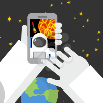 Selfie in space. Astronaut photographed myself on phone against backdrop of a rocket. Vector illustration.
