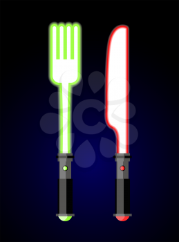 light cutlery. Knife and fork in  style of future star war. Glow plug power. Handle with button. Space set devices for food
