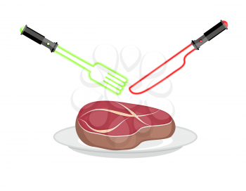Fork and knife of light. Lightsaber as cutlery. Utensil futuristic from star war. Steak on plate. Piece of juicy roasted meat.