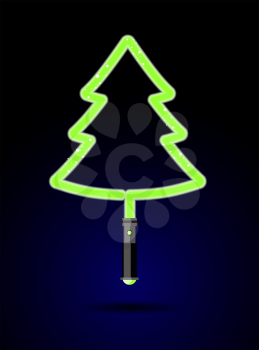 Light sword in form of Christmas tree. Brilliant green tree laser. Decoration for Christmas and new years from future. Accessory for celebration from Star war against backdrop of space.
