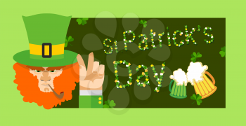 St Patricks day card with beer, lucky clover. leprechaun with a beard