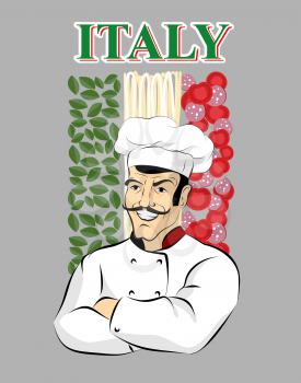 Italian chef. Chef cook and flag of Italy. Green spinach. Red tomatoes and sausage. White spaghetti pasta. Male chef with  mustache. Crossed arms. Professional kitchen worker
