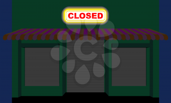 Convenience store. Shop at night. Plate is closed. Closed showcase role shutters. Empty storefront
