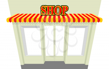 Shop. Storefront with visor. Isolated shop building. An empty counter. NET shop. Striped awning at building store. Store Front.
