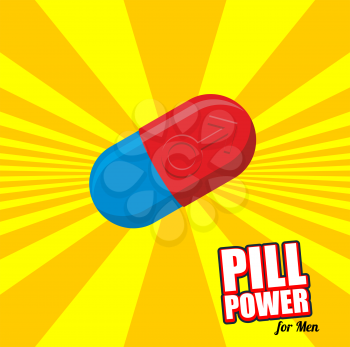 Power pill for men. Color Tablet for potency. Impotence treatment drugs. Red pill with male.
