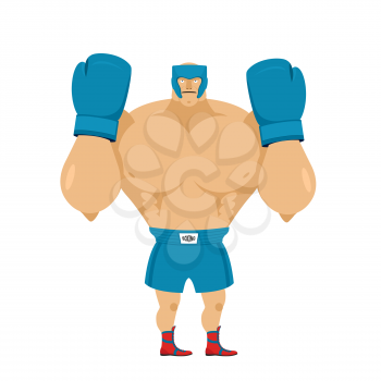 Strong Boxer in protective helmet. Athlete in rack before fight. Boxing gloves and helmet. Athlete with big muscles.
