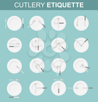 Cutlery etiquette. Dining etiquette. Set various options for location of plugs and knife on plate in restaurant. Restaurant etiquette. Rules of conduct at  table
