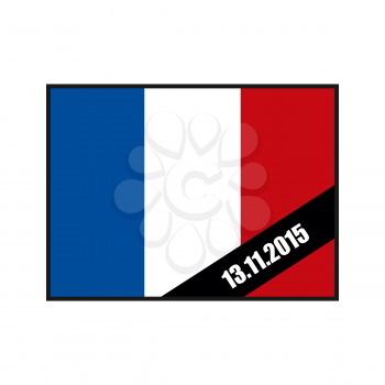 Mourning Ribbon on flag of France. Attack in Paris November 13, 2015 year. Grief for dead in Paris.
