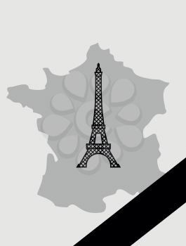 Map of France with mourning Ribbon. Illustration mourned in act of terrorism. French landmark  Eiffel Tower.
