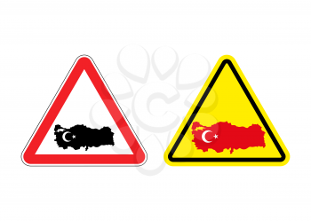 Attention Turkey. Warning sign for Turkish country. Red and yellow road signs with map of Turkey. Logo for goods from Turkey.
