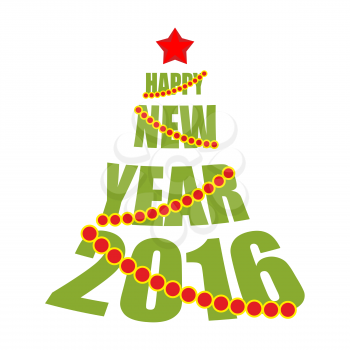 Happy new year 2016. Tree from text. Red Star and Christmas tree Garland.
