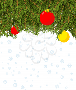 Christmas background. Branch Christmas tree and Christmas balls. Background for greeting card for your winter holiday: Christmas and new year. Snowflakes. Revenge for text.
