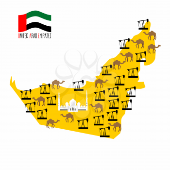 Map United Arab Emirates (UAE). Desert and oil rigs. Infographics minerals oil and animal world: camels. Abu Dhabi Sheikh Zayed White Mosque. Vector illustration