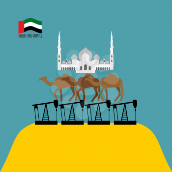 U.A.E. Structure. Sheikh Zayed mosque white is based on three camels. Camels stand on oil rigs. Oil pumps are on  desert. Infographics  United Arab Emirates. Vector illustrations.
