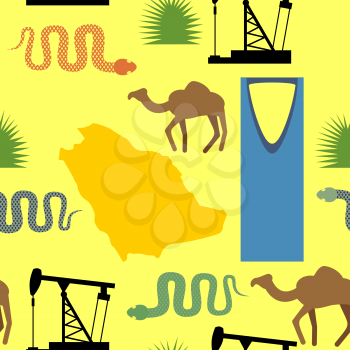 Symbols of Saudi Arabia seamless pattern. Desert and oil pumps, snakes, camels, and cacti. Kingdom tower of Riyadh city. Map Saudi Arabia. Vector background