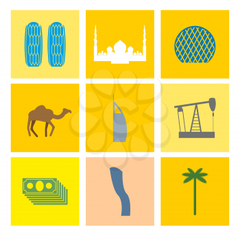 UAE symbol  icons set. Camels and oil pumps. Palm trees and skyscrapers. Vector Flat design.