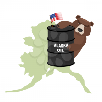 Oil Barrel Alaska map background. Flag of  United States. Bear keeps paws a barrel. Vector illustration.
