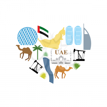 I love UAE. Symbol Heart attractions of  United Arab Emirates. Map UAE and DESERT, camel and an oil rig. Skyscrapers and Abu Dhabi , Mosque. Vector illustration