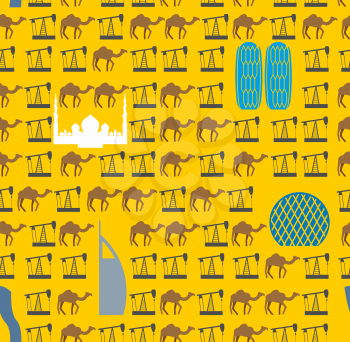  Symbols UAE. Camels and oil pumps in desert seamless pattern. Vector background United Arab Emirates flat design.