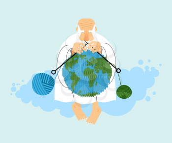 God sitting on cloud and knit planet Earth. Creation of  Earth. An elderly man with beard in white clothes. Knitting balls of wool. Religious illustration. World creator