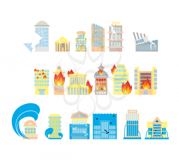 Disaster icon collection. Destruction of buildings set of icons. Earthquake Fault skyscrapers. Fire in business center. Flooding of plant houses, flats. Flooding and tsunamis. Demolition of urban stru