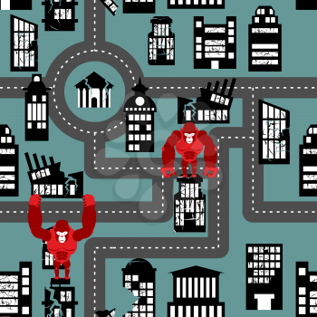 Wild angry Gorilla destroyed city seamless pattern. Big Monkey broke down building. Devastation in city. Destruction of public and residential buildings.