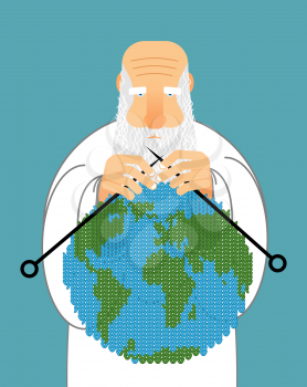 God Making Earth. Knitting World. Establishment of wool on planet. Grandfather with beard holds ground.